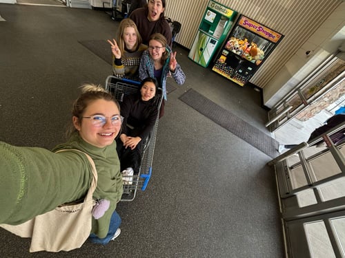 Freundesgruppe mit Einkaufswagen