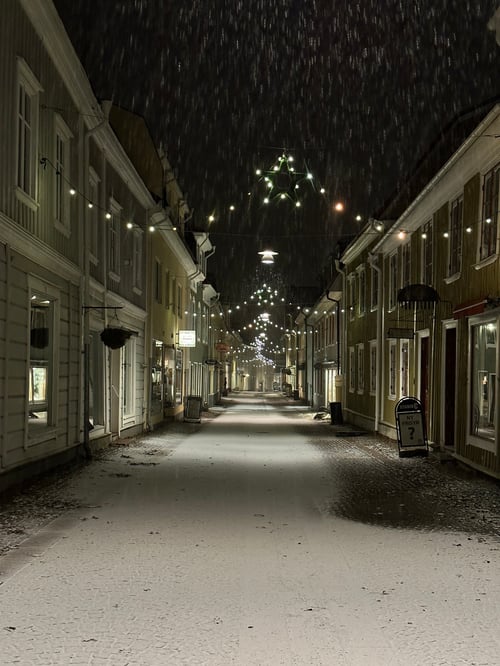 Schneebedeckte Gebäude und Straßen