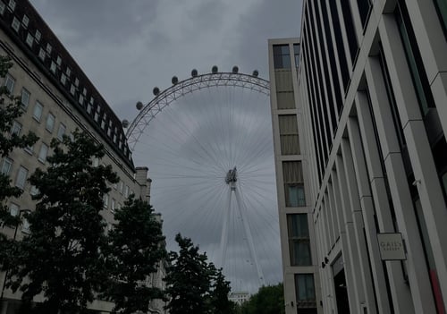 Das London Eye zwischen Gebäuden