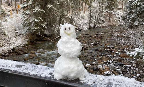 Schneemann steht vor einem Fluss