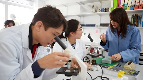 Schüler des Abbey College Cambridge arbeiten gemeinsam im Labor an Mikroskopen und untersuchen Proben.