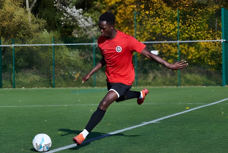 Ein Schüler des Abbey College Manchester spielt Fußball auf einem Grasfeld mit grünem Zaun im Hintergrund.