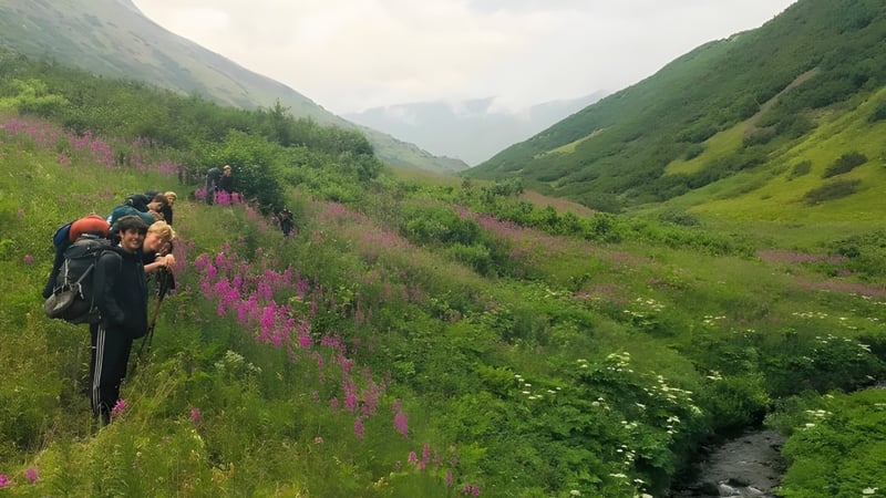 Eine Gruppe von Schülern des Abbey College wandert durch ein grünes Tal mit wildblumen und umgeben von hohen Bergen.