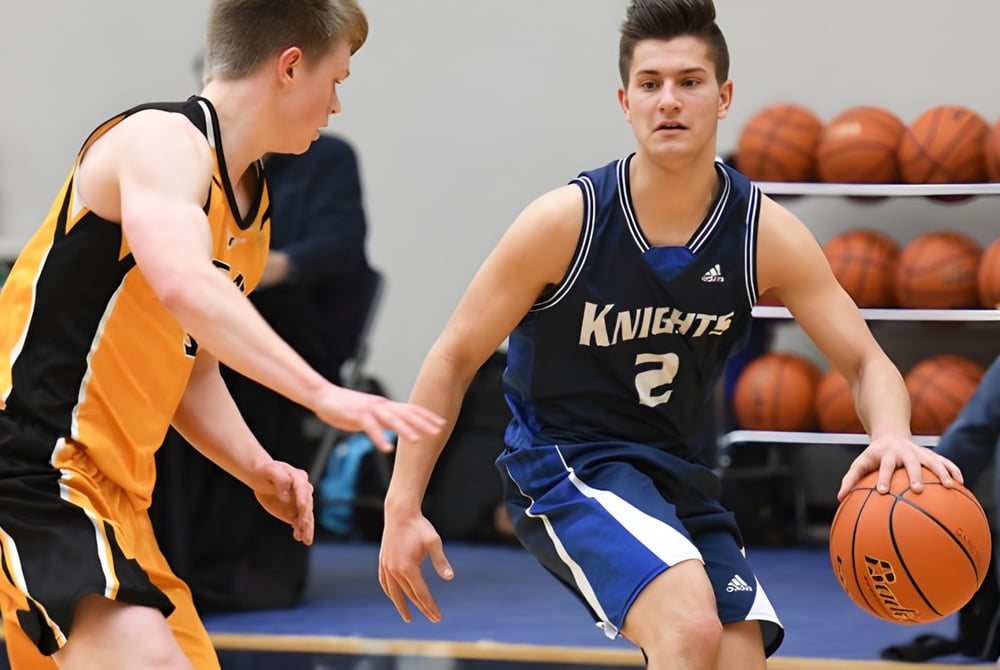 Zwei Basketballspieler stehen sich auf dem Spielfeld der Abbotsford Christian School gegenüber.