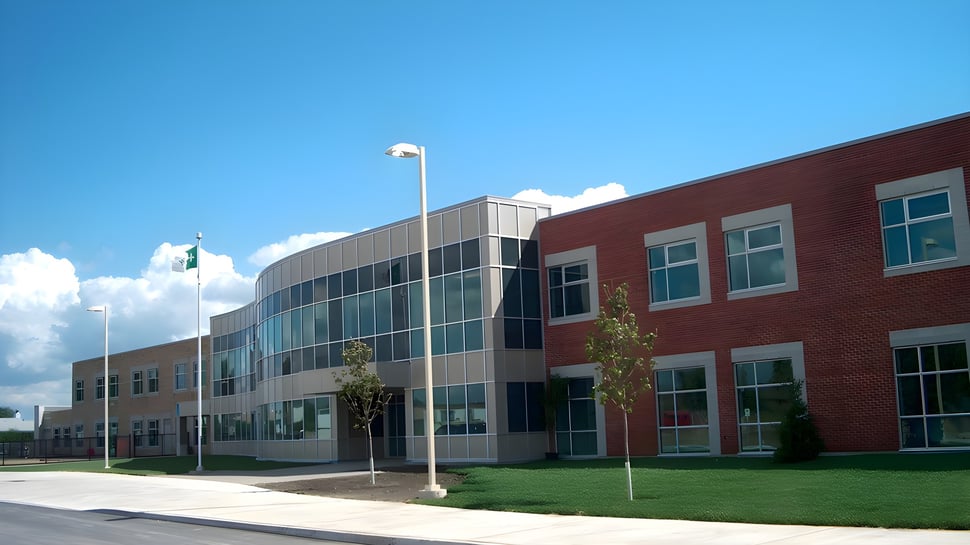 Das moderne Backsteingebäude der École secondaire publique L'Académie de la Seigneurie mit großen Fenstern und einer Grünfläche im Vordergrund.