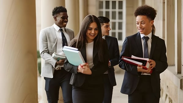 Eine Gruppe von Schülern der Ackworth School geht gemeinsam vor einem Gebäude mit Säulen und trägt Bücher und Ordner.