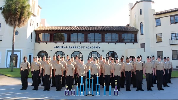 Eine Gruppe von Schülerinnen und Schülern steht vor dem Gebäude der Admiral Farragut Academy.