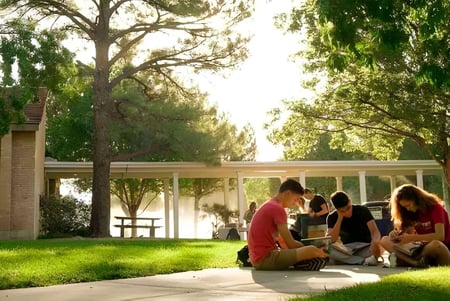 Eine Gruppe Schülerinnen und Schüler der Albuquerque Academy sitzt auf der Wiese in einem von Bäumen gesäumten Außenbereich.