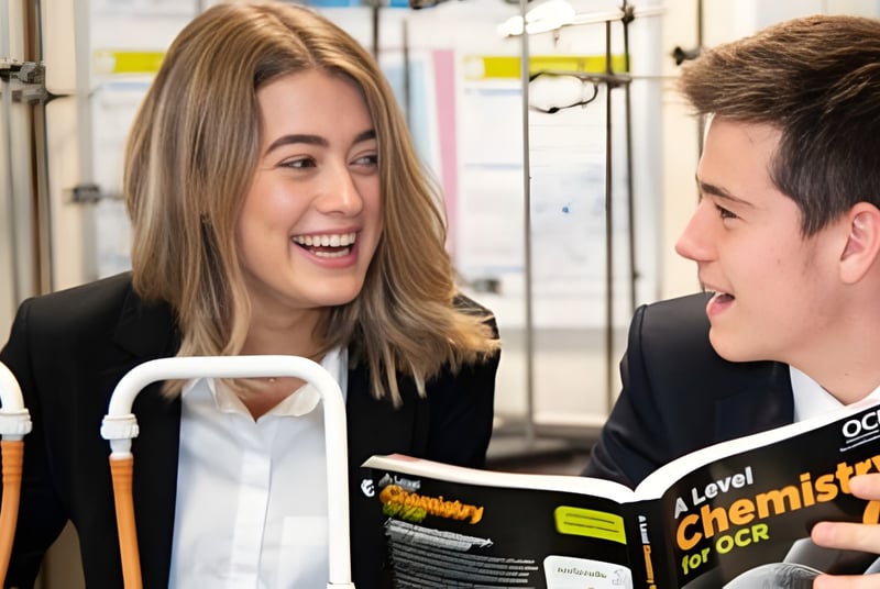 Zwei Schülerinnen und Schüler der Aldenham School unterhalten sich lebhaft bei gehaltenen Lehrbüchern.