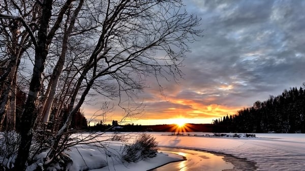 Ein gefrorener See mit kahlen Bäumen im Winter auf dem Gelände der Aldershot High School bei Sonnenuntergang.