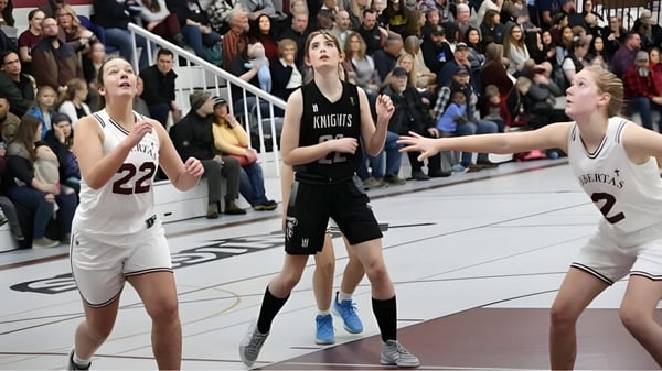 Drei Schüler spielen Basketball während eines Spiels auf dem Sportplatz der Algoma Christian High School.