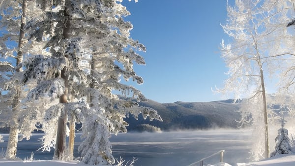 Ein verschneiter Winterlandschaft mit gefrorenem See und schneebedeckten Bäumen nahe der All Saints Catholic Secondary School.