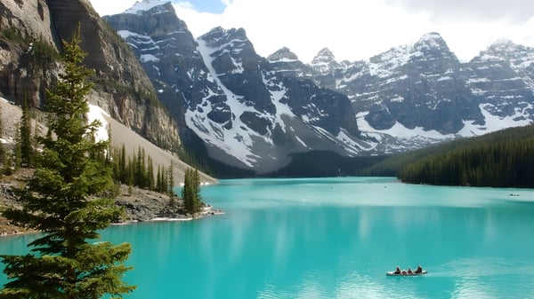 Ein ruhiger türkisfarbener See mit verschneiten Bergen und einem kleinen Boot im Vordergrund auf dem Gelände der All Saints High School.