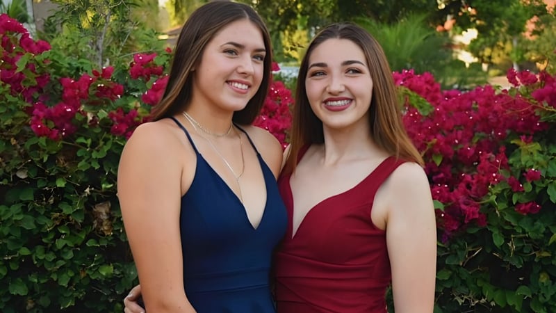 Zwei Schülerinnen vor einem üppigen Garten mit roten Blumen auf dem Gelände der Anaheim Union High School District.