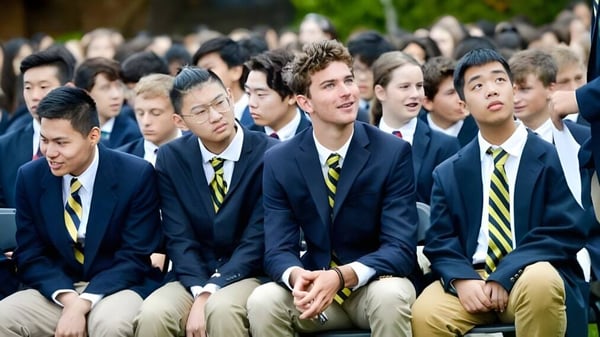 Eine Gruppe Schüler der Annie Wright Schools sitzt in formeller Kleidung im Außenbereich zusammen.