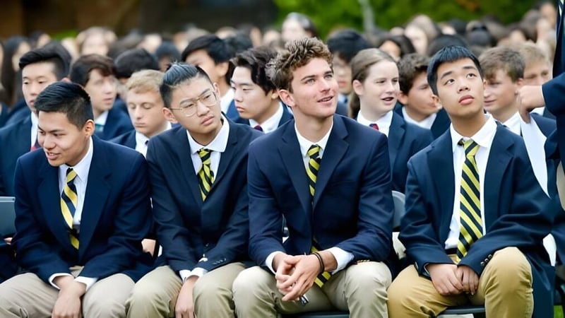 Eine Gruppe Schüler der Annie Wright Schools sitzt in formeller Kleidung im Außenbereich zusammen.