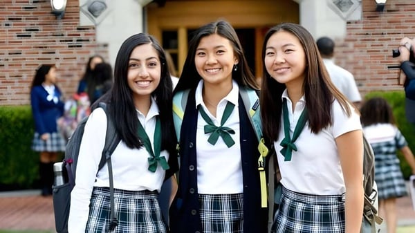 Drei Schülerinnen in Schuluniformen stehen lächelnd vor einem Backsteingebäude der Annie Wright Schools.