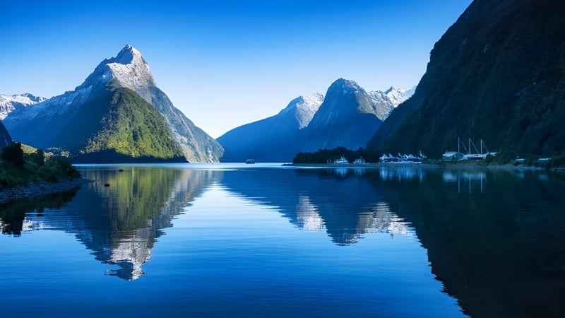 Berge mit schneebedeckten Gipfeln spiegeln sich in einem stillen See in der Nähe von Aorere College.
