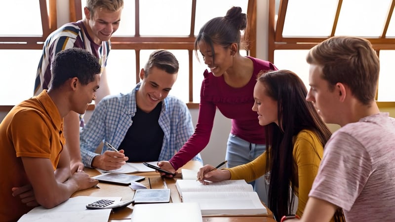 Eine Gruppe Schüler der Ardscoil Phadraig diskutiert und arbeitet gemeinsam an einem Tisch.