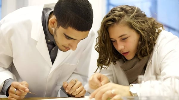 Zwei Personen am Ashbourne College untersuchen gemeinsam ein Objekt in einer professionellen Umgebung.