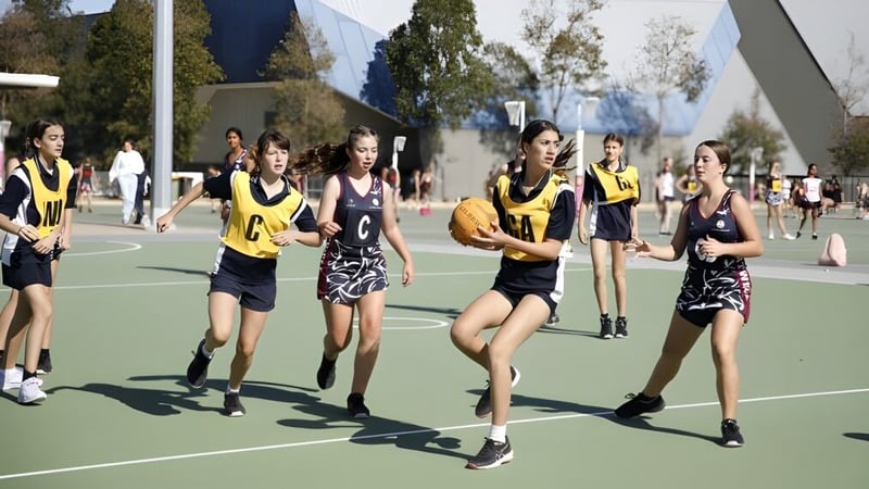 Schülerinnen des Ashdale Secondary College spielen Basketball auf einem Außenplatz, umgeben von Bäumen und Gebäuden.