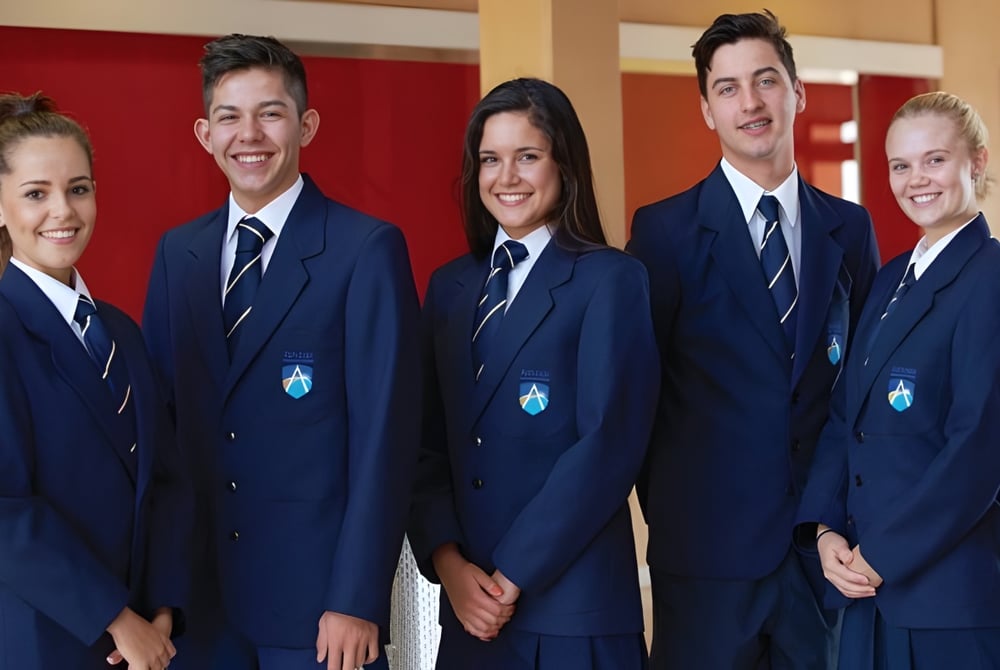 Eine Gruppe von Schülern in blauen Uniformen steht zusammen an der Ashdale Secondary College vor einer roten Wand.