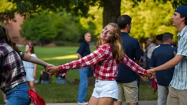 Schüler der Asheville School treffen sich im Park zu einer Gruppenaktivität mit Bäumen im Hintergrund.