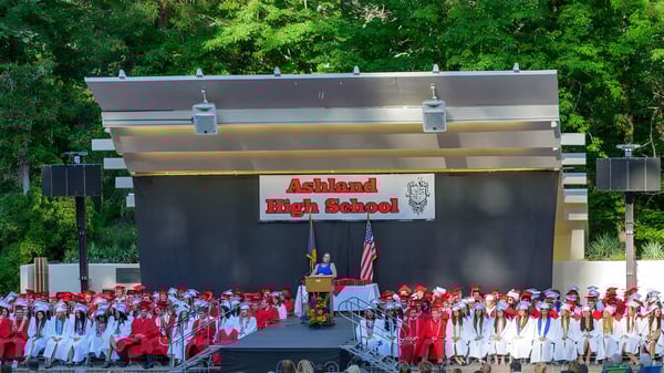 Schüler des Ashland School District stehen in roten Abschlussroben vor einer Bühne mit Waldkulisse.