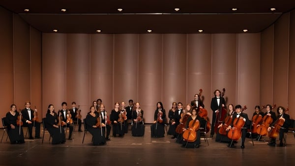Das Orchester des Ashville College spielt mit Streich- und Blasinstrumenten auf einer Bühne mit Vorhang im Hintergrund.
