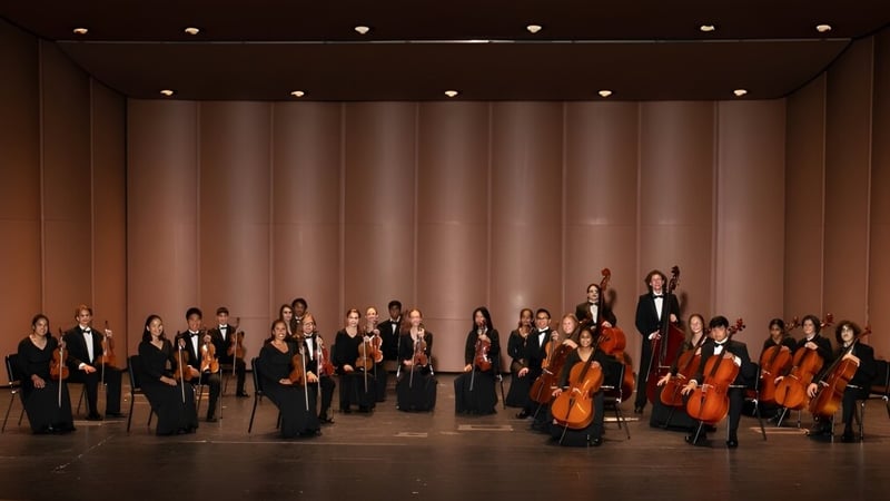 Das Orchester des Ashville College spielt mit Streich- und Blasinstrumenten auf einer Bühne mit Vorhang im Hintergrund.