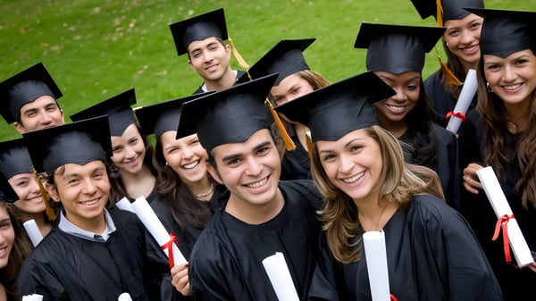 Eine Gruppe von Absolventinnen und Absolventen des Athlone Community College steht auf einem Rasenfeld in Abschlusskleidung zusammen.