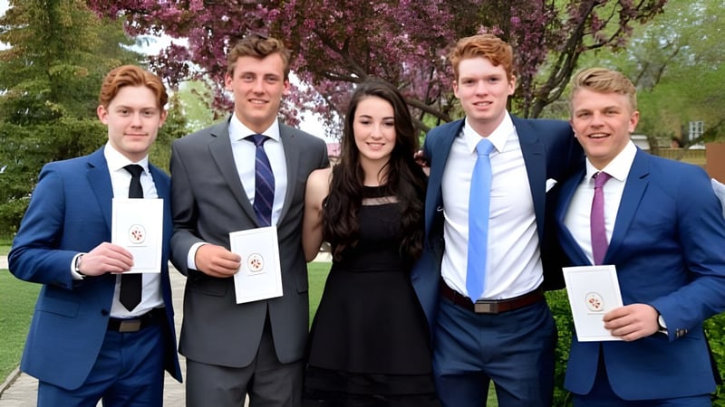 Eine Gruppe von fünf jungen Erwachsenen steht im Park auf dem Campus des Athol Murray College of Notre Dame mit blühenden Bäumen im Hintergrund.