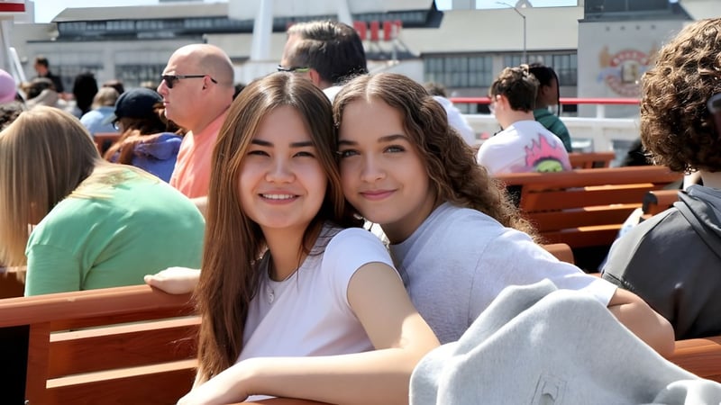 Zwei Schülerinnen der Auburn Adventist Academy sitzen gemeinsam auf einer Bank im Freien.