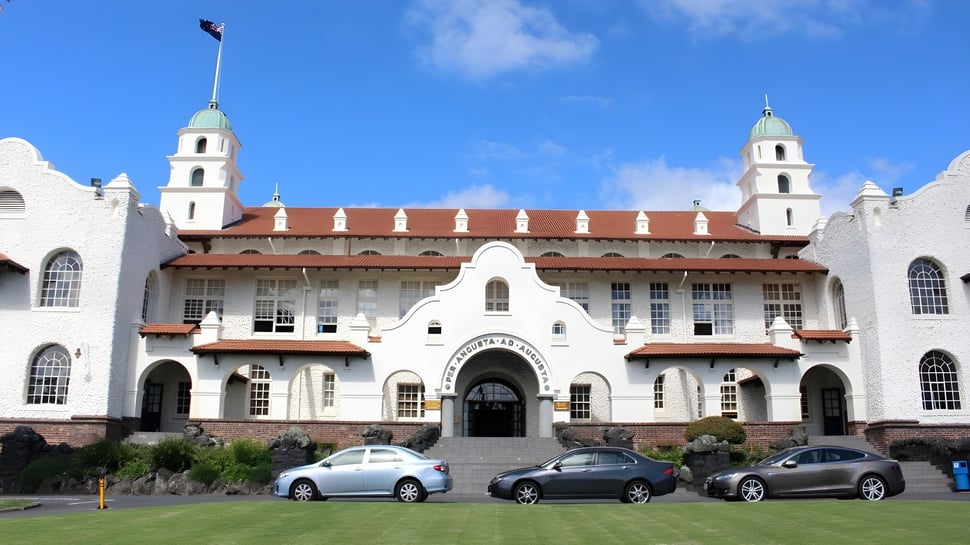 Das große weiße Gebäude mit roten Dächern der Auckland Grammar School steht hinter einem Rasen mit geparkten Autos.