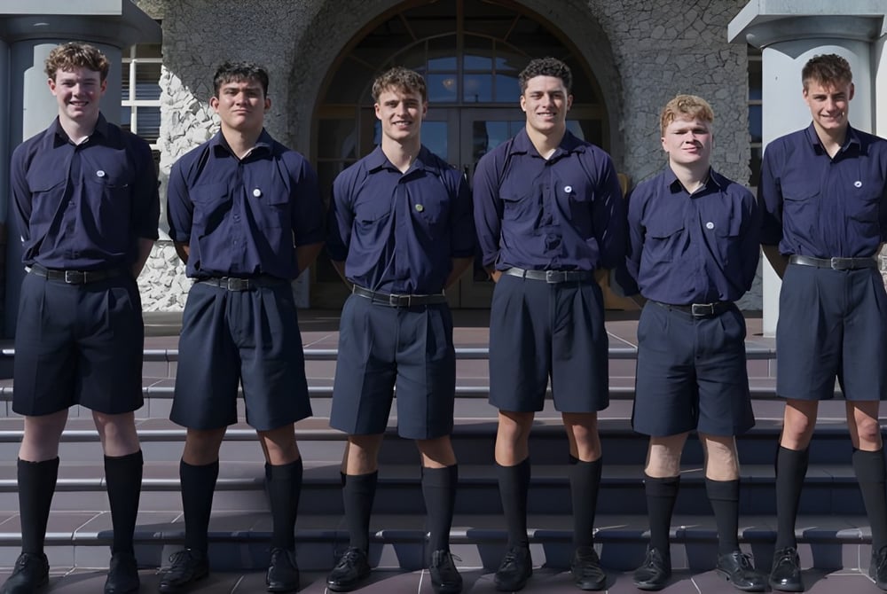 Eine Gruppe von sechs Schülerinnen und Schülern in blauen Uniformen steht vor einem steinernen Gebäude mit Rundbogenfenstern auf dem Campus der Auckland Grammar School.