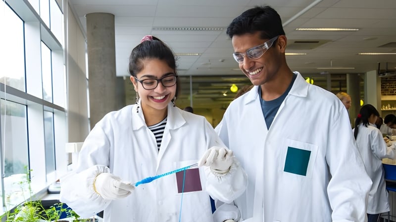 Zwei Personen in weißen Laborkitteln unterhalten sich im Labor der Australian Science and Mathematics School.