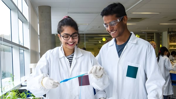 Zwei Personen in weißen Laborkitteln unterhalten sich im Labor der Australian Science and Mathematics School.