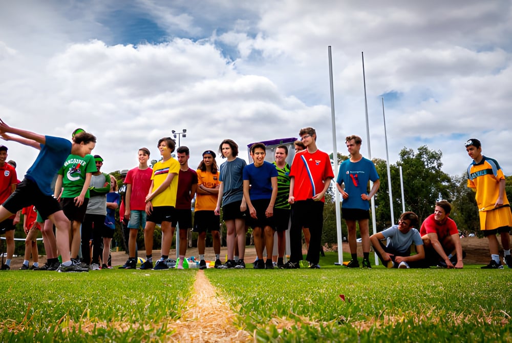 Eine Gruppe junger Athleten steht auf einem grasbewachsenen Feld auf dem Campus der Australian Science and Mathematics School.