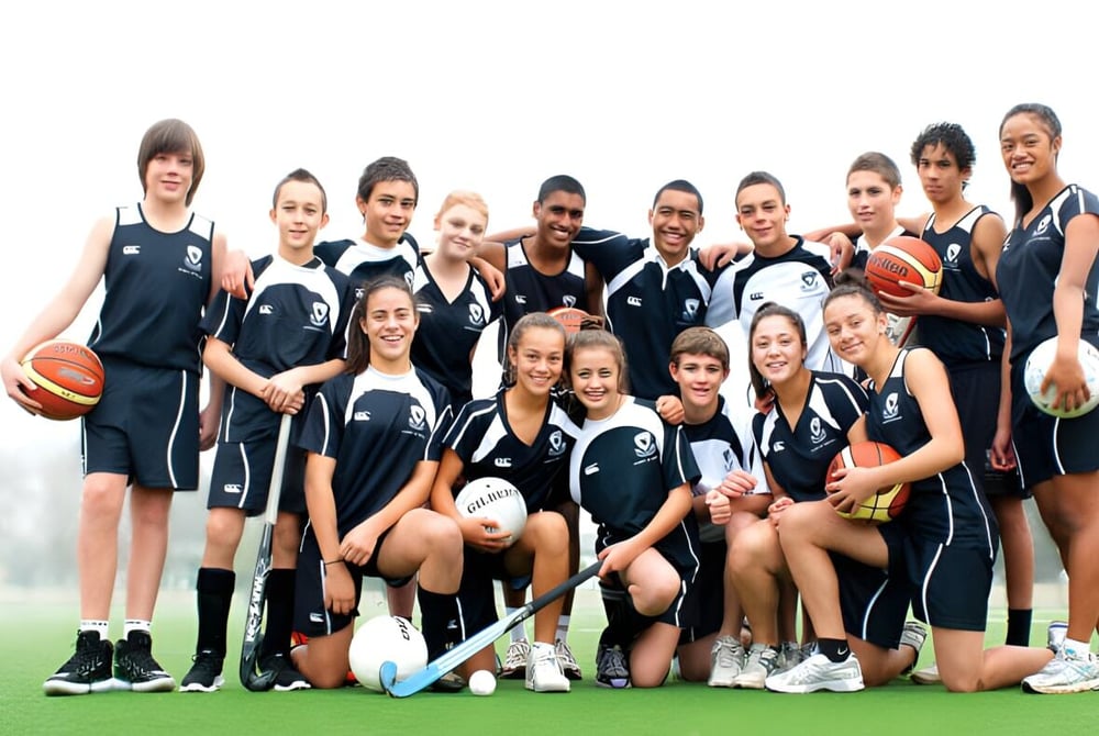 Eine Gruppe junger Sportlerinnen steht auf einem Grasfeld und posiert zusammen auf dem Campus des Avondale College.