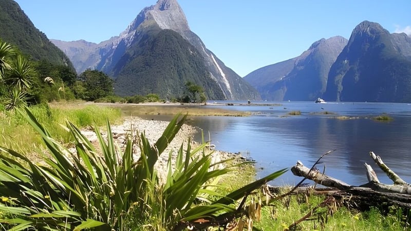 Eine ruhige Fjordlandschaft mit grüner Vegetation im Vordergrund vor der Kulisse von Bergen auf dem Gelände des Awatapu College.