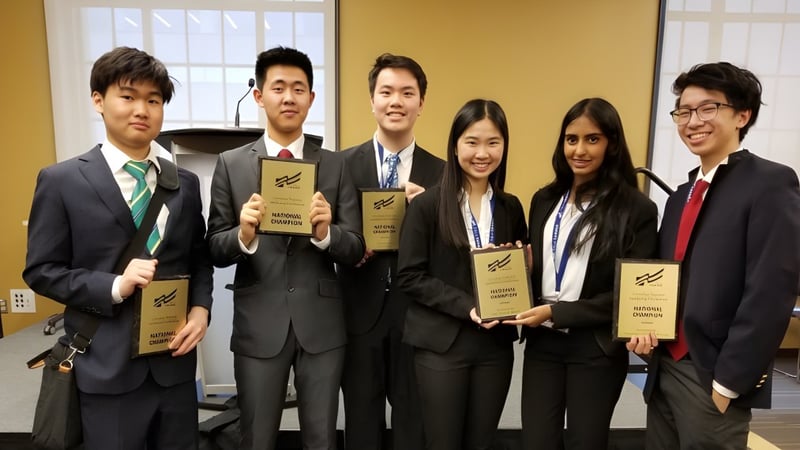 Schüler der A.Y. Jackson Secondary School posieren mit Auszeichnungen in einem Schulgebäude.