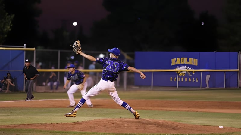Ein Baseballspieler der Bakersfield Christian wirft den Ball auf dem Spielfeld bei Nacht unter Flutlicht.