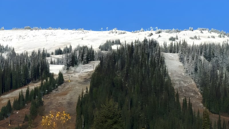 Ein verschneiter Berg mit einem Wald aus immergrünen Bäumen vor dem Campus der Ballenas Secondary School.