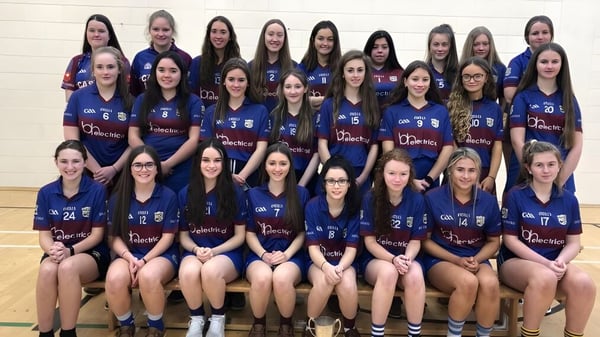 Eine Gruppe Schülerinnen der Ballingarry Presentation School posiert in Sportuniformen in einer Sporthalle.