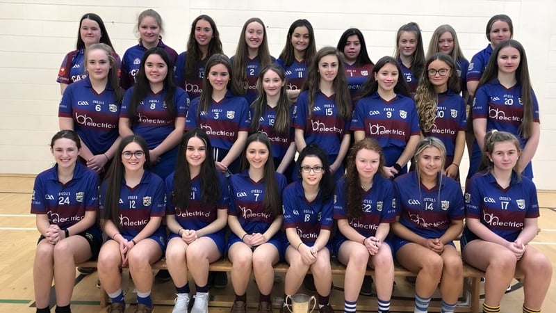 Eine Gruppe Schülerinnen der Ballingarry Presentation School posiert in Sportuniformen in einer Sporthalle.