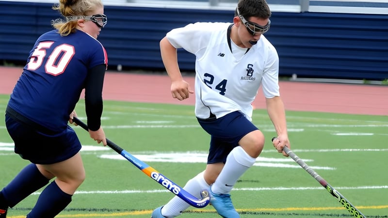 Zwei Schüler der Ballinteer Community School spielen ein Feldhockeyspiel auf dem blauen Sportplatz.