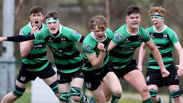 Schüler der Bandon Grammar School spielen gemeinsam Rugby auf einem grasbewachsenen Spielfeld mit Bäumen im Hintergrund.