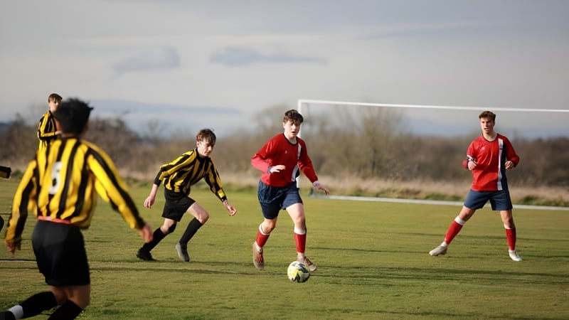 Eine Gruppe Schüler spielt Fußball auf dem Sportplatz der Battle Abbey School unter bewölktem Himmel.