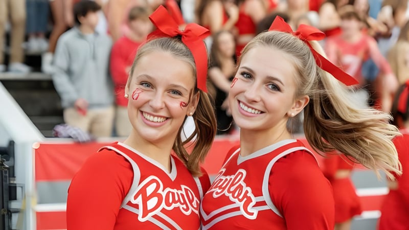 Zwei lächelnde Cheerleader in roten Uniformen auf dem Campus der Baylor School vor einer Menschenmenge.