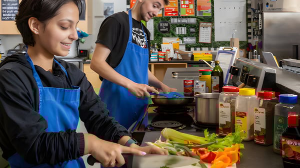 Schüler der École Secondaire Beaumont Composite High School bereiten in der Schulküche Speisen vor.
